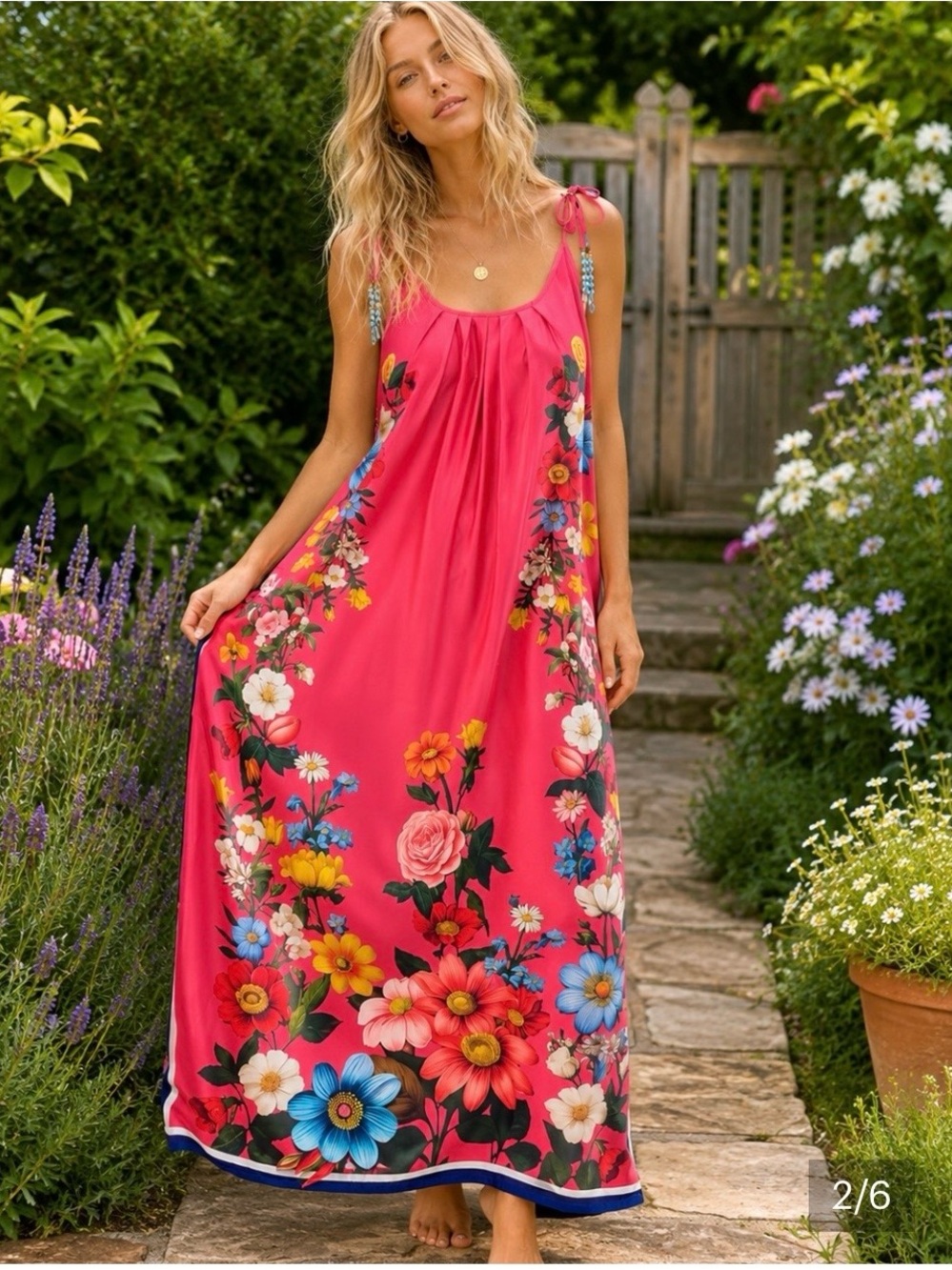 Feminine Pink Floral Tie-Shoulder Maxi Dress